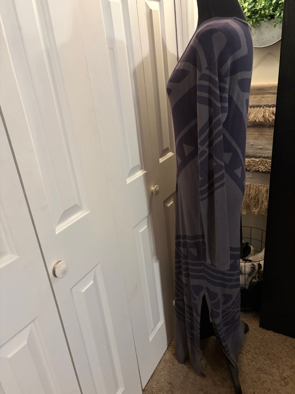 Free People Long Sleeve V-Neck Maxi Dress in Gray  with Purple Pattern - Picture 3 of 9